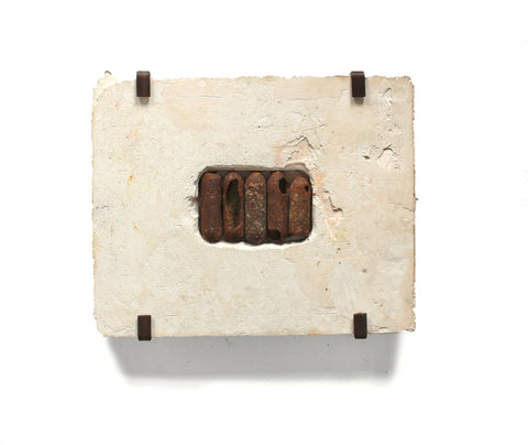 Not a compromise but something new, 2023, rusty objects embedded in plaster with iron display mount19 x 27cm £495. Georgie Mason