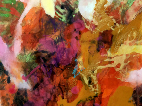 detail of Colourful abstract painting by contemporary artist Krisztina Megyeri, featuring warm reds and expressive layers of colour on a round canvas diameter 100cm