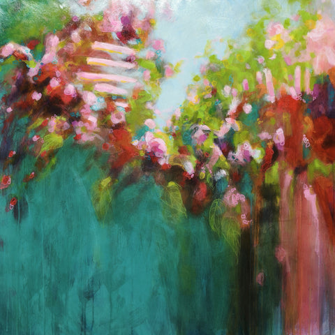 Megyeri Krisztina large abstract contemporary painting, nature turquoise flowering garden