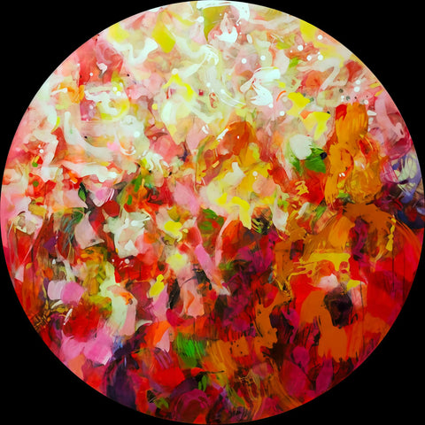 Pumpkin Spice, Colourful abstract painting by contemporary artist Krisztina Megyeri, featuring warm reds and expressive layers of colour on a round canvas diameter 100cm