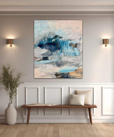 Where Silence Falls abstract painting by Nicola Briggs panelled lifestyle room image