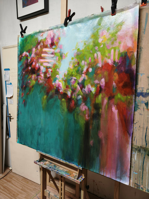 Megyeri Krisztina large abstract contemporary painting, nature turquoise flowering garden