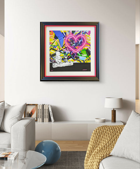 Pooh bear, shine print. Embellished and framed in room
