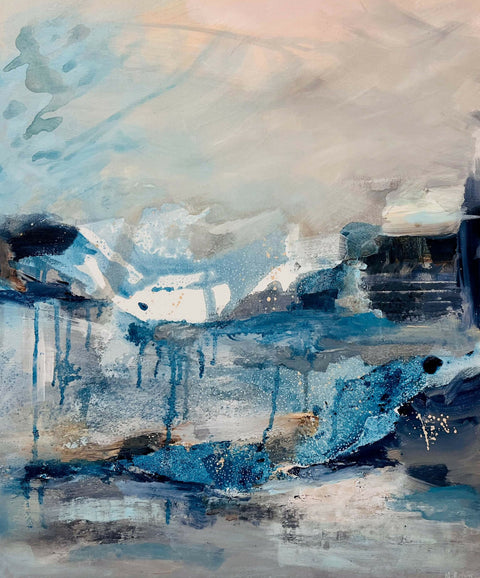 In the Still Air abstract textured landscape painting in blue, grey and peach