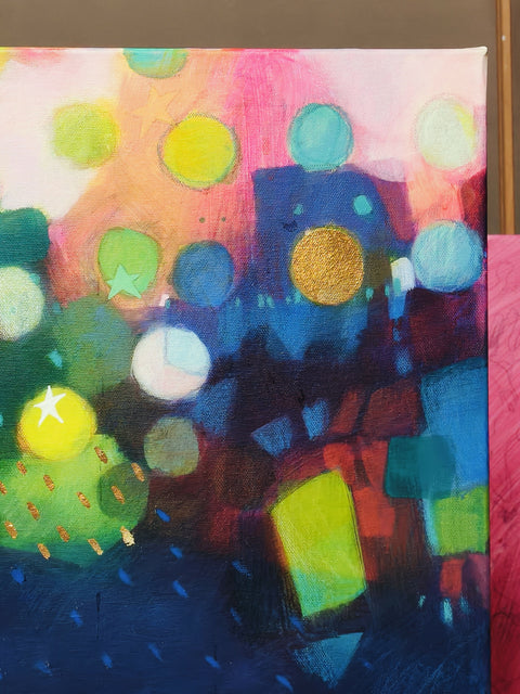 Surya Namaskar, vibrant 100 × 100 cm abstract painting by Krisztina Megyeri, featuring luminous yellow, pink, green, turquoise and deep indigo.