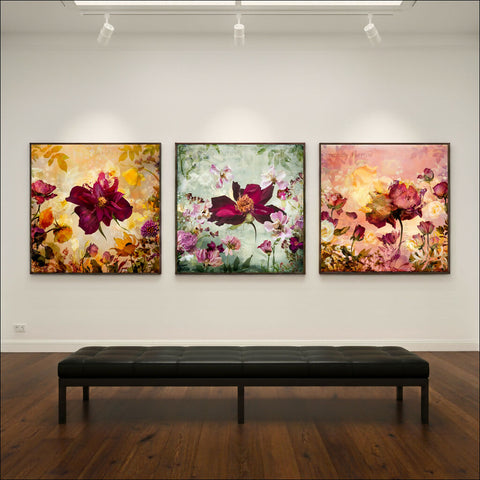 artwork triptych in gallery setting - floral art print with roses and painted elements - wall art by wendy farrow