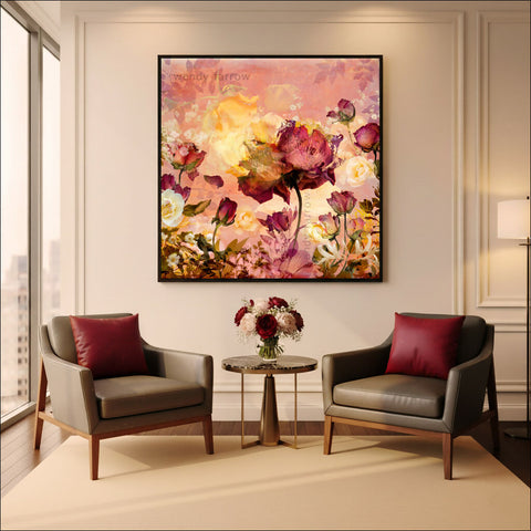 artwork in situ in hotel setting - floral art print with roses and painted elements - wall art by wendy farrow