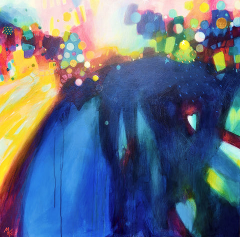Surya Namaskar, vibrant 100 × 100 cm abstract painting by Krisztina Megyeri, featuring luminous yellow, pink, green, turquoise and deep indigo.