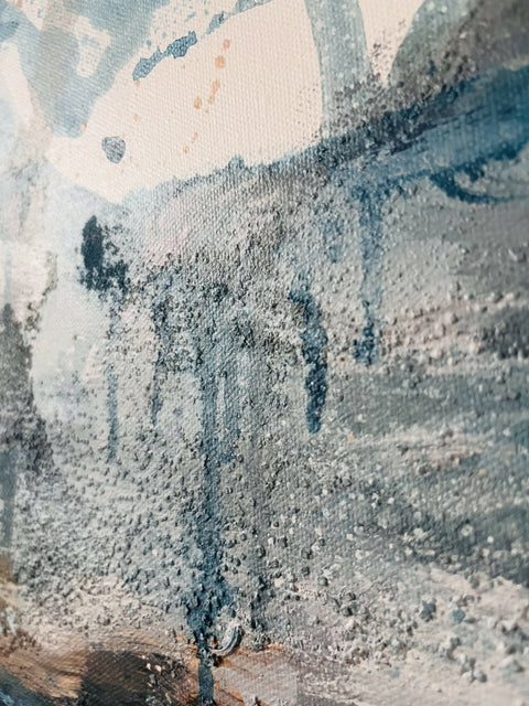 Detail photo showing texture and drips on the surface of painting 'In the Still Air' bye Nicola Briggs