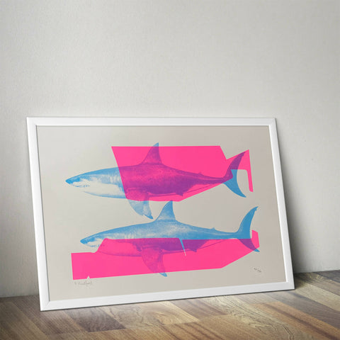 Screen Printed Shark Poster – ‘Shark Tank (Pink and Blue).’