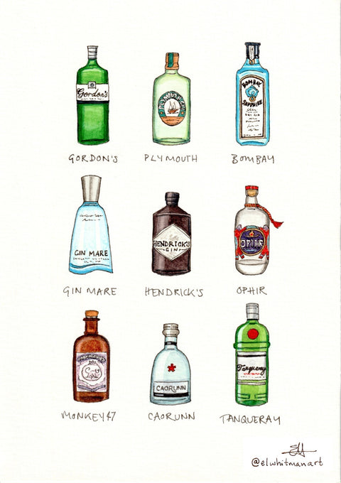 'Gin Bottles' Watercolour Print