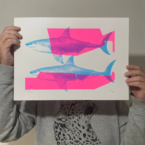 Screen Printed Shark Poster – ‘Shark Tank (Pink and Blue).’