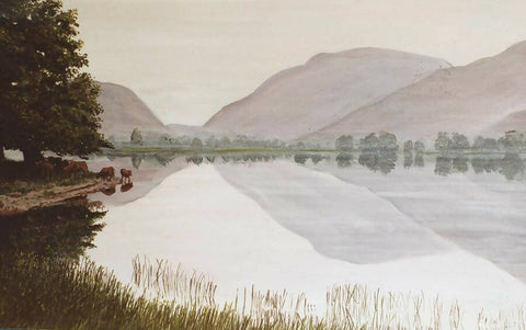 LAKE WINDERMERE ON A GREY DAY WITH COWS ON THE ISLAND