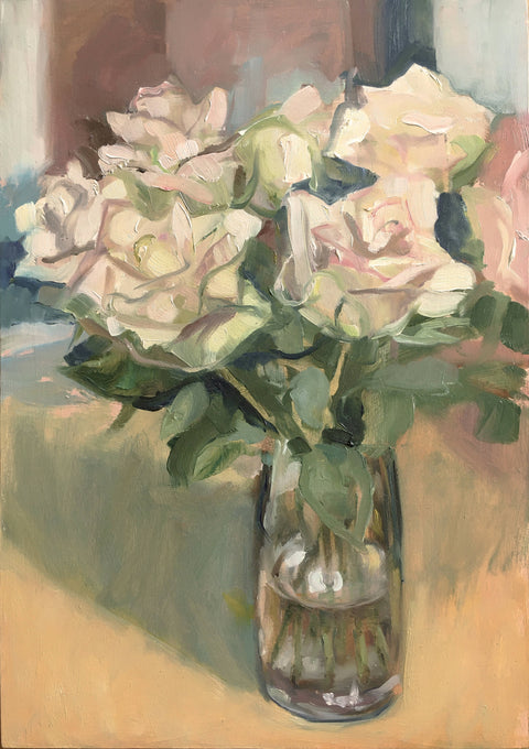 oil painting of a vase of roses by British artist Sheri Gee