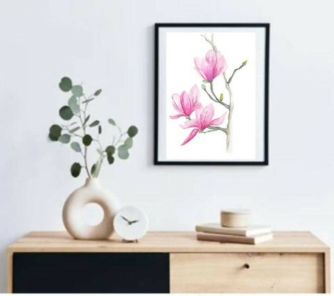 Magnolia Flowers Branch Watercolour Print