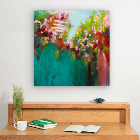 Megyeri Krisztina large abstract contemporary painting, nature turquoise flowering garden