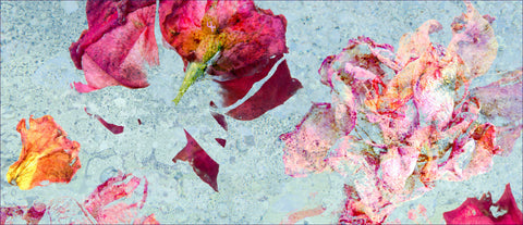 Detail of red and orange roses against a light blue background in an impressionistic style - floral wall art by wendy farrow