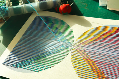 Hannah Pratt Starlight Threads Pelican embroidery on arhical print. in progress 5