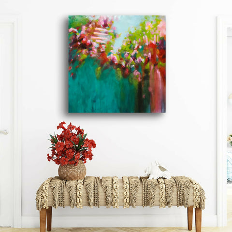 Megyeri Krisztina large abstract contemporary painting, nature turquoise flowering garden