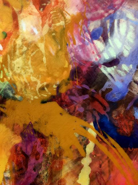pumpkin spice, detail of Colourful abstract painting by contemporary artist Krisztina Megyeri, featuring warm reds and expressive layers of colour on a round canvas diameter 100cm