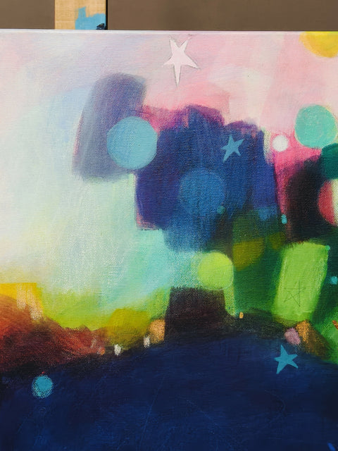 Surya Namaskar, vibrant 100 × 100 cm abstract painting by Krisztina Megyeri, featuring luminous yellow, pink, green, turquoise and deep indigo.