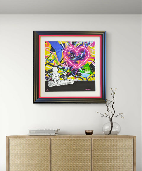 Pooh bear, shine print. Embellished and framed in room
