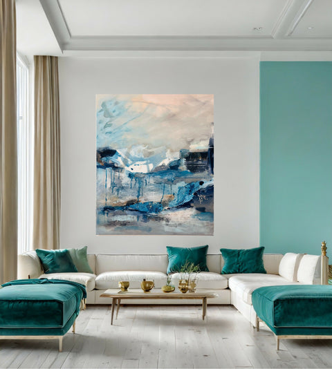In the Still Air abstract landscape painting above a cream sofa