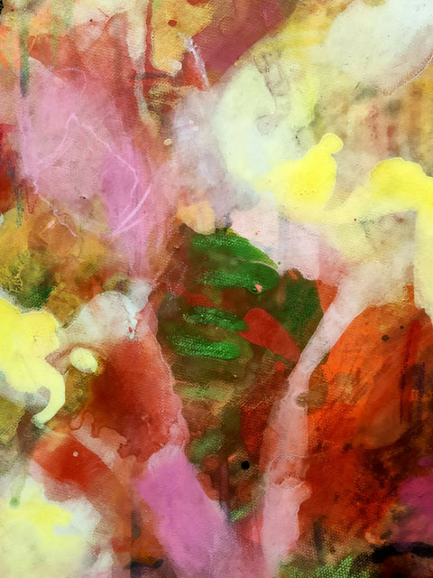Colourful abstract painting by contemporary artist Krisztina Megyeri, featuring warm reds and expressive layers of colour on a round canvas diameter 100cm