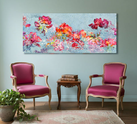 red and orange roses against a light blue background in an impressionistic style - floral wall art by wendy farrow