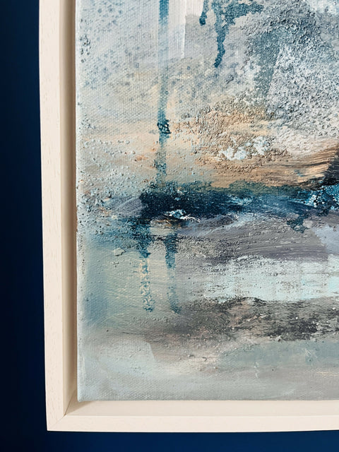 White wooden float frame detail of 'In the Still Air' original abstract landscape painting  by Manchester artist Nicola Briggs
