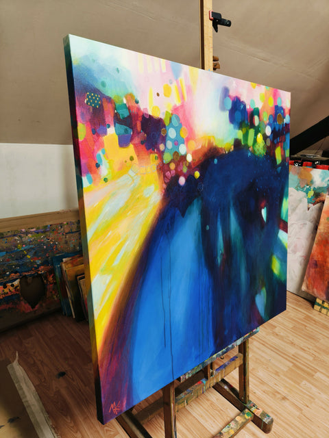 sideview, Surya Namaskar, vibrant 100 × 100 cm abstract painting by Krisztina Megyeri, featuring luminous yellow, pink, green, turquoise and deep indigo.