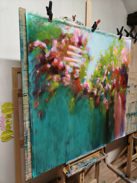 Megyeri Krisztina large abstract contemporary painting, nature turquoise flowering garden