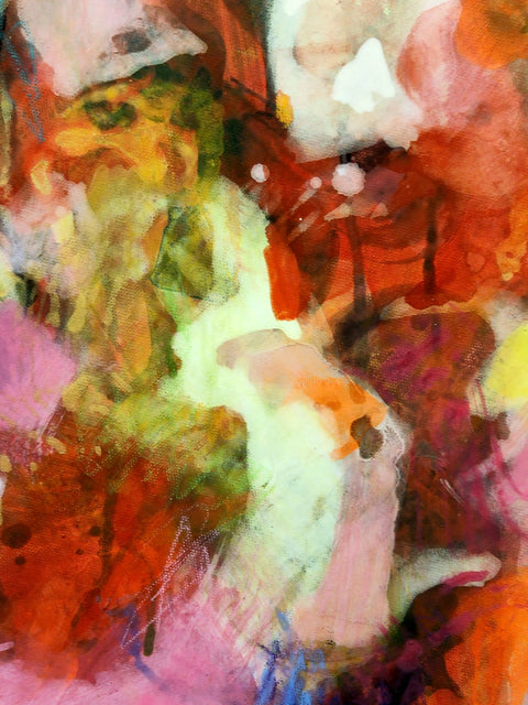 Colourful abstract painting by contemporary artist Krisztina Megyeri, featuring warm reds and expressive layers of colour on a round canvas diameter 100cm