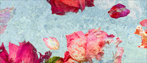 Detail of red and orange roses against a light blue background in an impressionistic style - floral wall art by wendy farrow