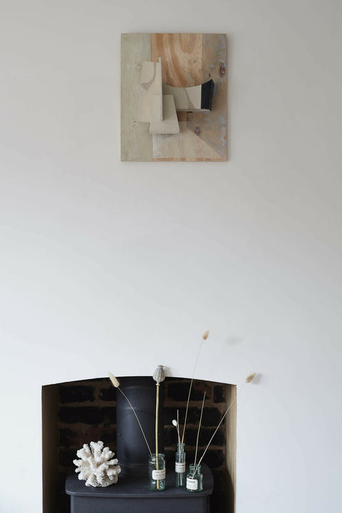 In Memory of Traveling 2-Adriana Jaros-Sculpture attached to a repurposed found piece of wood hand painted with Acrylic. Made by East London local wood maker Oliver Morrison 32x39x10cm-2020–3_low