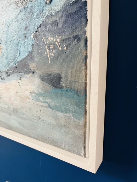 Corner photo showing depths of float frame 'In the Still Air' abstract painting