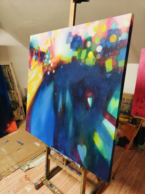 sideview, Surya Namaskar, vibrant 100 × 100 cm abstract painting by Krisztina Megyeri, featuring luminous yellow, pink, green, turquoise and deep indigo.
