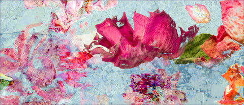 Detail of red and orange roses against a light blue background in an impressionistic style - floral wall art by wendy farrow