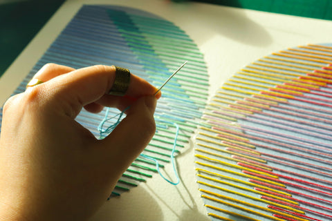 Hannah Pratt Starlight Threads Pelican embroidery on arhical print. in progress