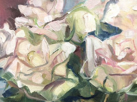close up of oil painting of a vase of roses by British artist Sheri Gee