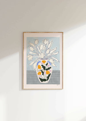 tulips in floral star vase