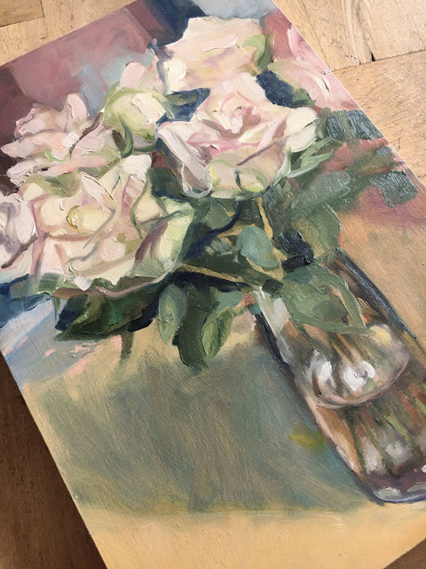 close up of oil painting of a vase of roses by British artist Sheri Gee