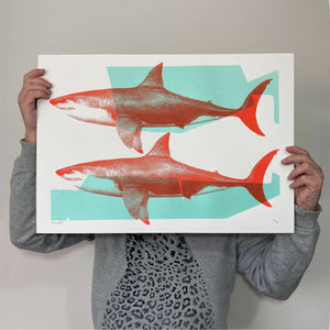 Screen Printed Shark Poster – Turquoise and Red - 'Shark Tank'